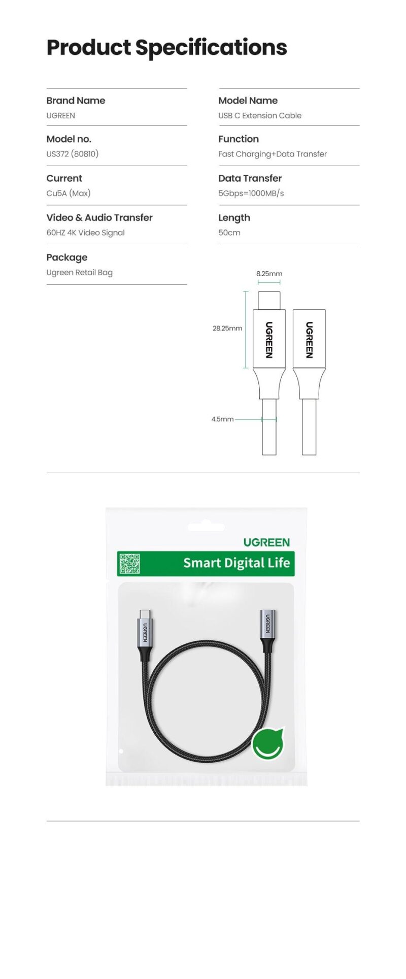 UGREEN 30205 USB C Extension Cable 1M USB 3.1 Type C to Type C Male to Female Gen2 10Gbps