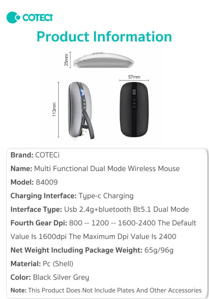 Coteci 84009-TS Dual Mode Bluetooth+Wireless Mouse Silent Ultra Thin - Image 4